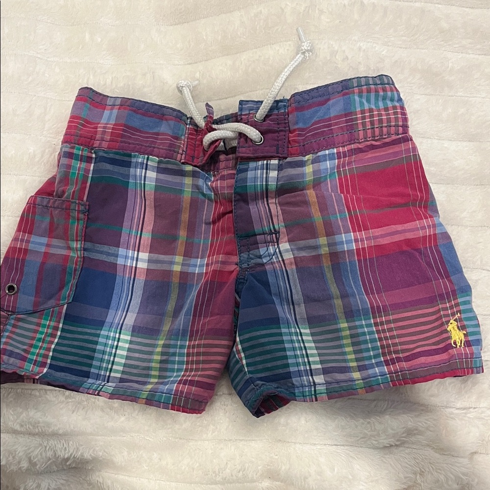 Ralph Lauren Multicolor Plaid Swim Shorts with Embroidered Polo Size 2T